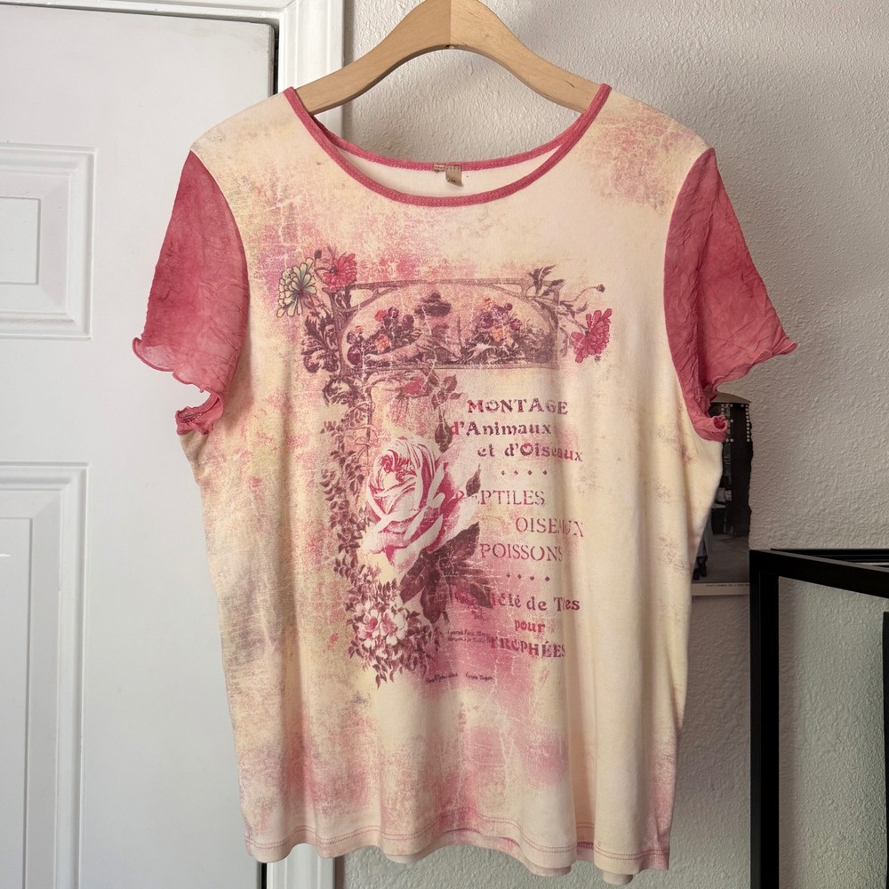Vintage cream pink y2k euro coquette rose‎ floral short sleeve cropped tee top